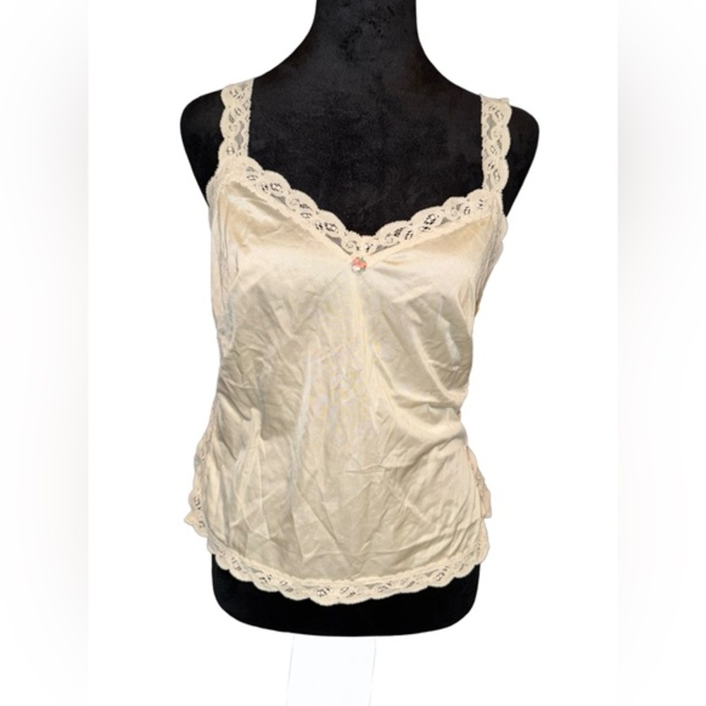 VTG 90s Olga chemise in cream lace trim small floral appliqué size large‎
